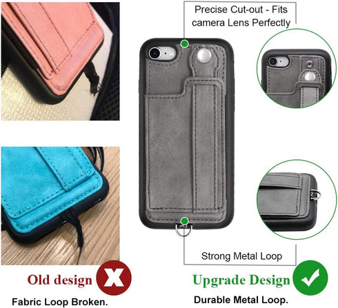 TOOVREN iPhone SE Case 2020/2022 Phone Lanyard Neck Strap for iPhone 8 Case with Card Holder iPhone 7 Wallet Case with Kickstand Leather PU Card H...